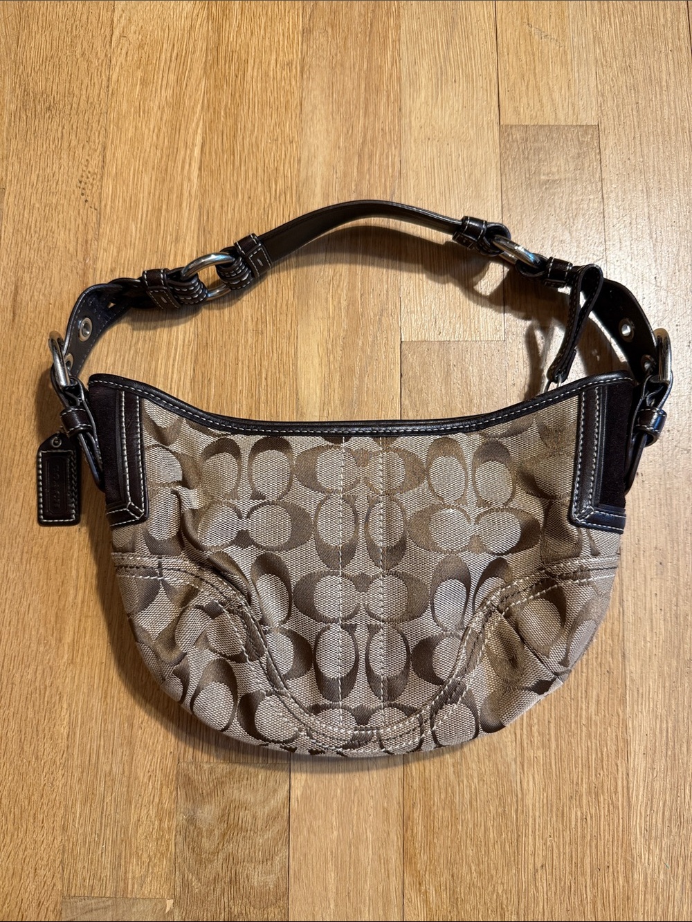 Vintage Coach Khaki/Chalk Signature Canvas Shoulder Bag with Dark Brown Trim